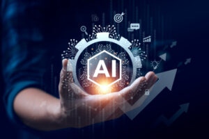 Hand Holding AI Symbol Surrounded by Digital Interface and Circuit Elements, Representing Artificial Intelligence and Technological Advancement in a Futuristic, High Tech, and Data Driven Environment