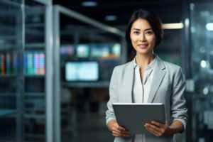 small-portrait-of-asian-woman-cybersecurity-specialist-with-digital-tablet-looking-at-camera-in-office-ai-generative